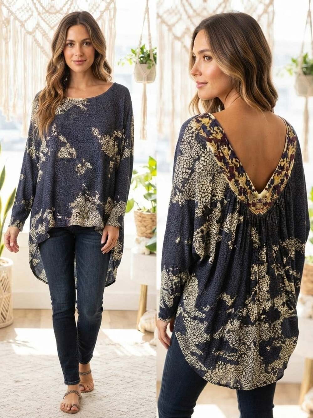 Language Navy Embroider V Back Hi Lo Long Sleeve Sz S Top Boho Whimsical Relaxed